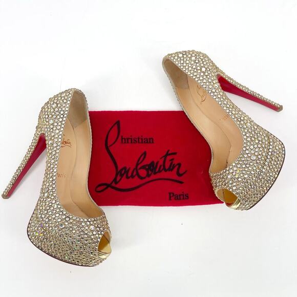 Christian Louboutin Shoes - Christian Louboutin Gold Lady Peep 150 Ring Strass Platform Peep Toe Pump EU 37